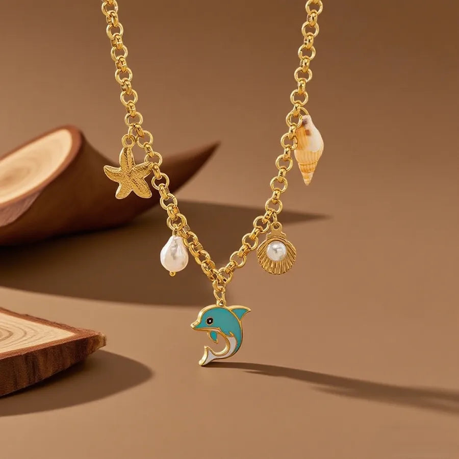 Titanium Steel Heart Pendant Necklace X01234-Starfish Blue Dolphin-Necklace- Gold