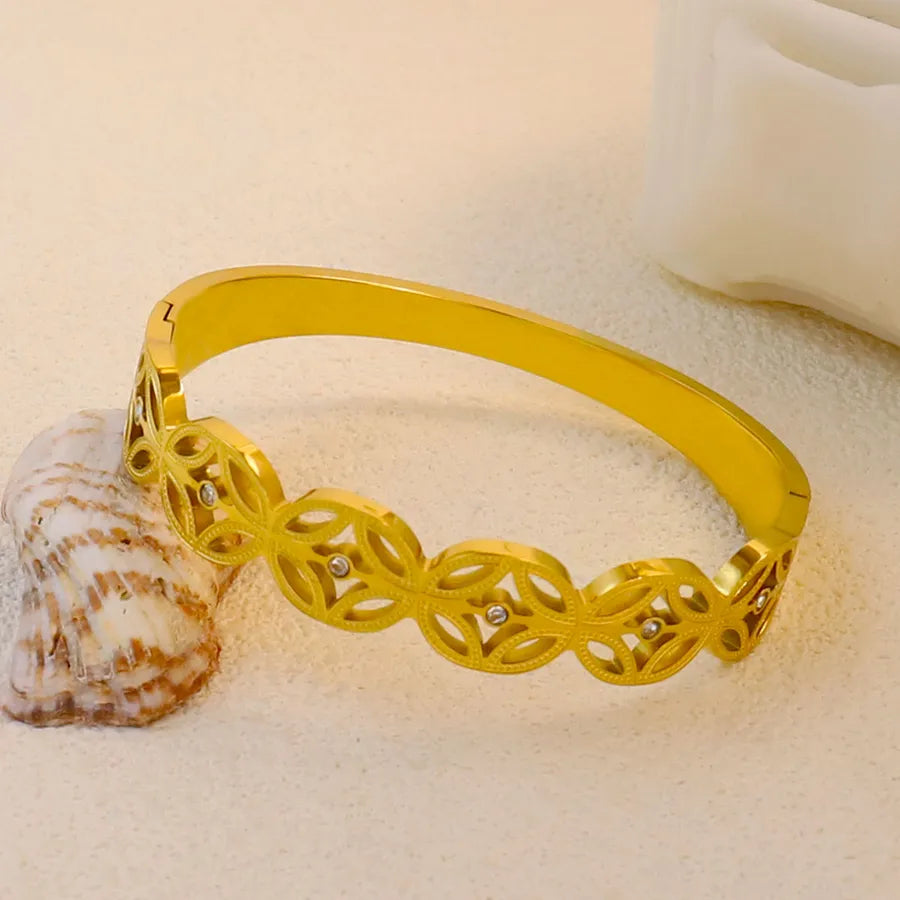 18K Gold Plated Zircon Hollow Stainless Steel Bracelet Average Size Gold Style 8