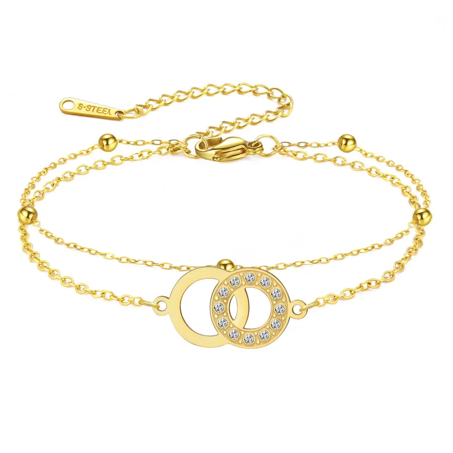 Double Ring Zircon Bracelet – Gold Plated Steel Gold -Double Layer Chain