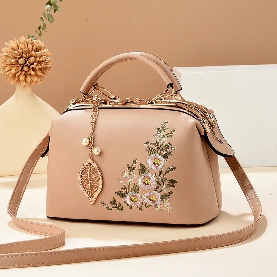 Floral Embroidered Retro PU Leather Shoulder Bag Khaki 24*12*15CM