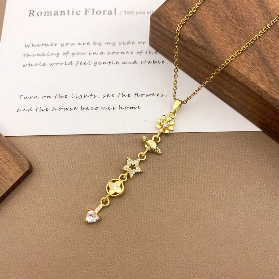 Gold Plated Sun Moon Star Pendant Necklace XL5129 Planet Clover Tassel Necklace Gold