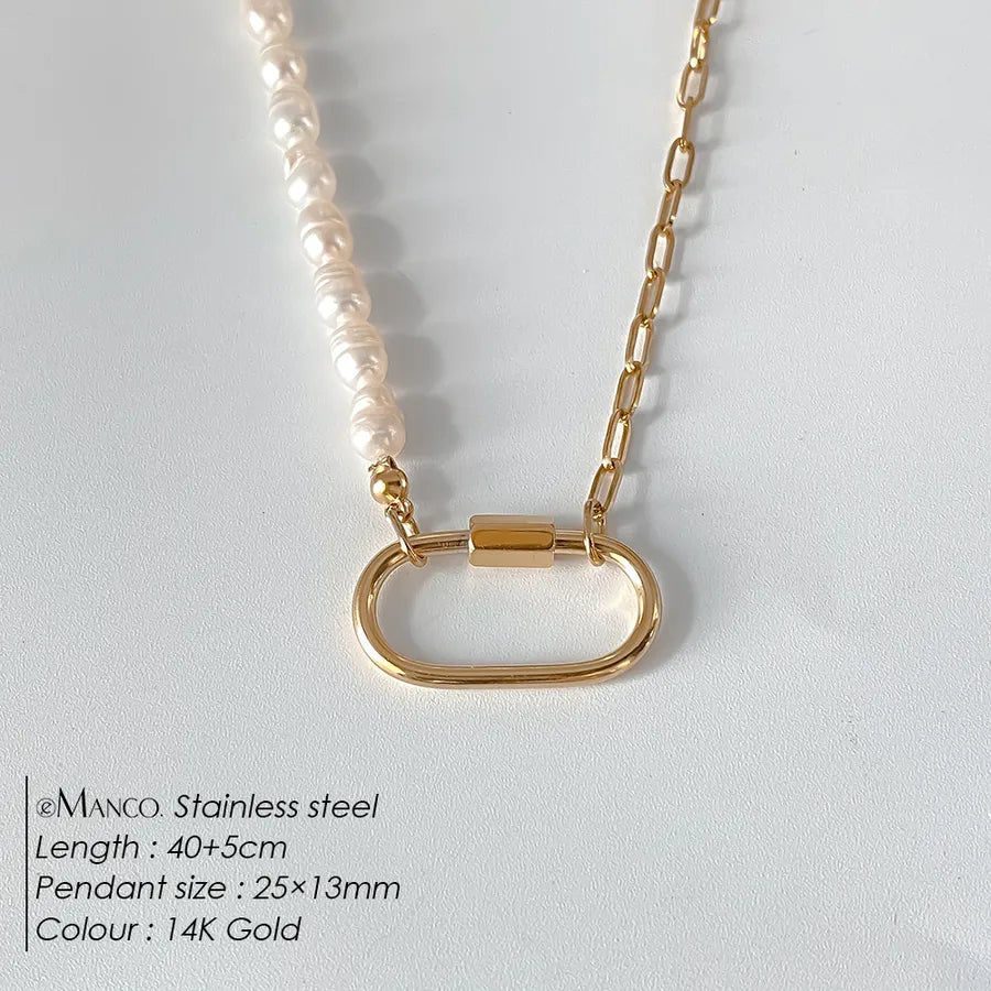 Geometric Pearl Stainless Steel Pendant Necklace XNL0044 Gold