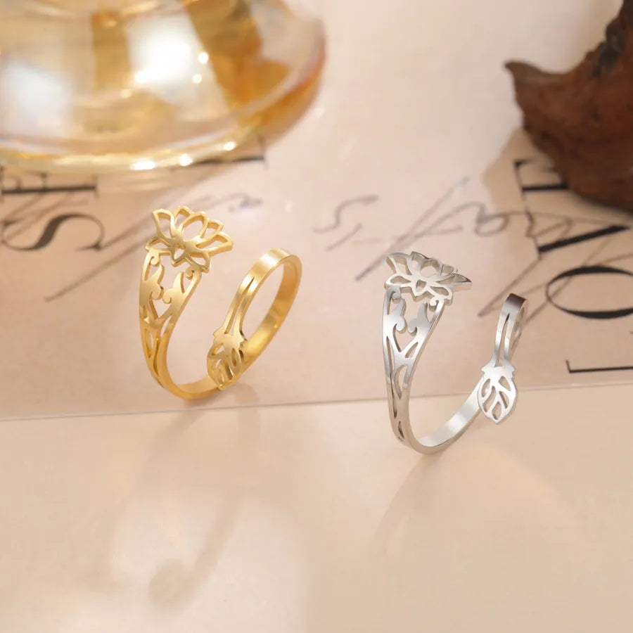 Gold Lotus Open Ring in Titanium Steel
