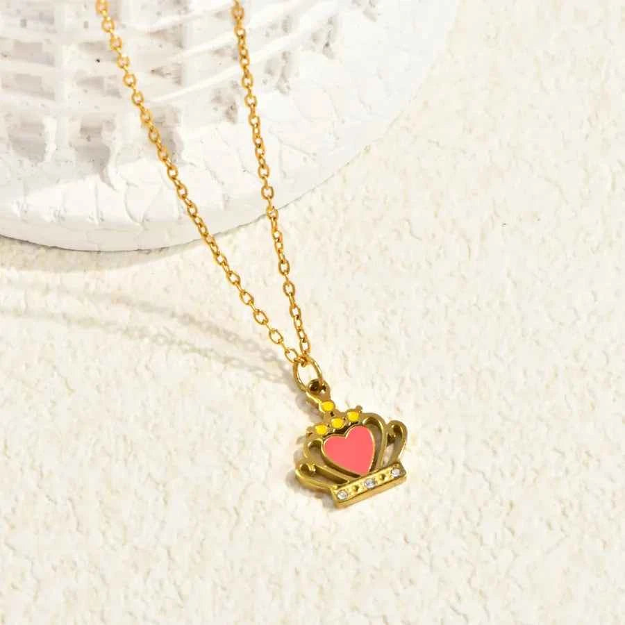 Red Heart Crown 18K Gold Plated Pendant Necklace