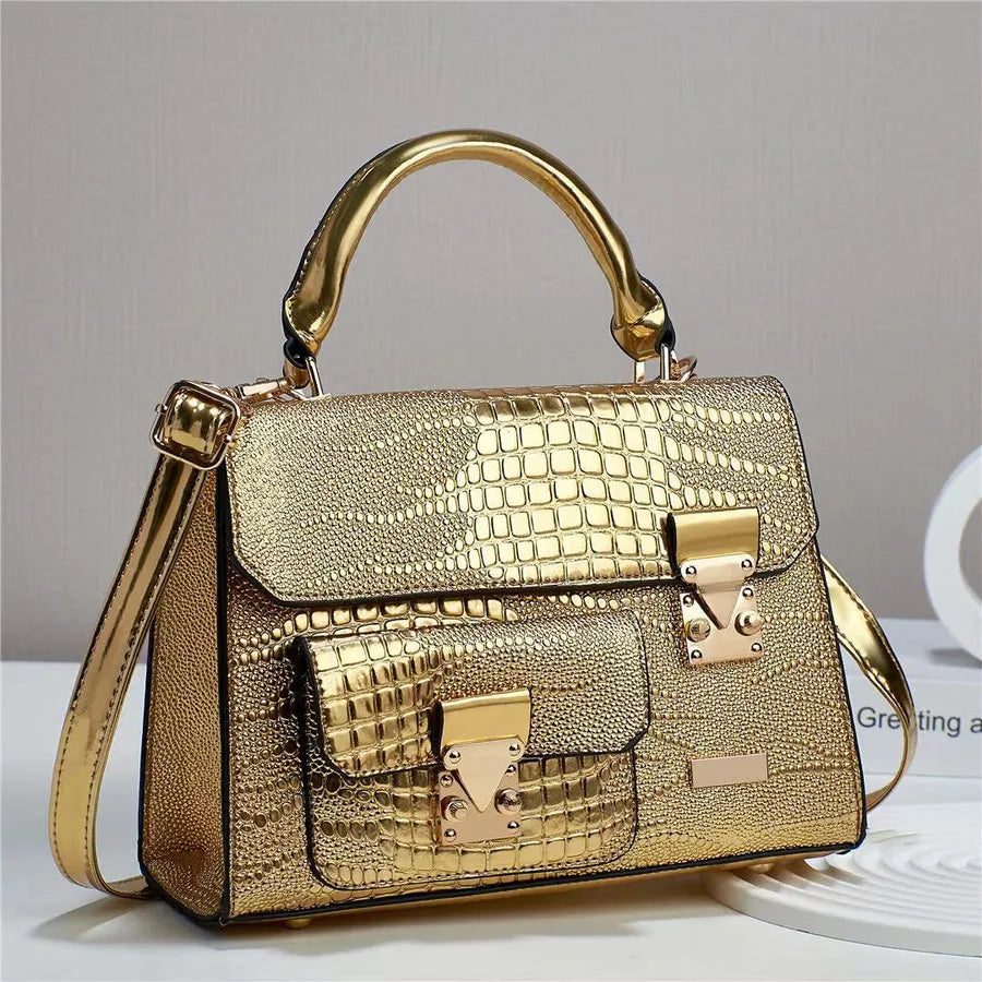 Retro Croc-Pattern PU Shoulder Bag Gold