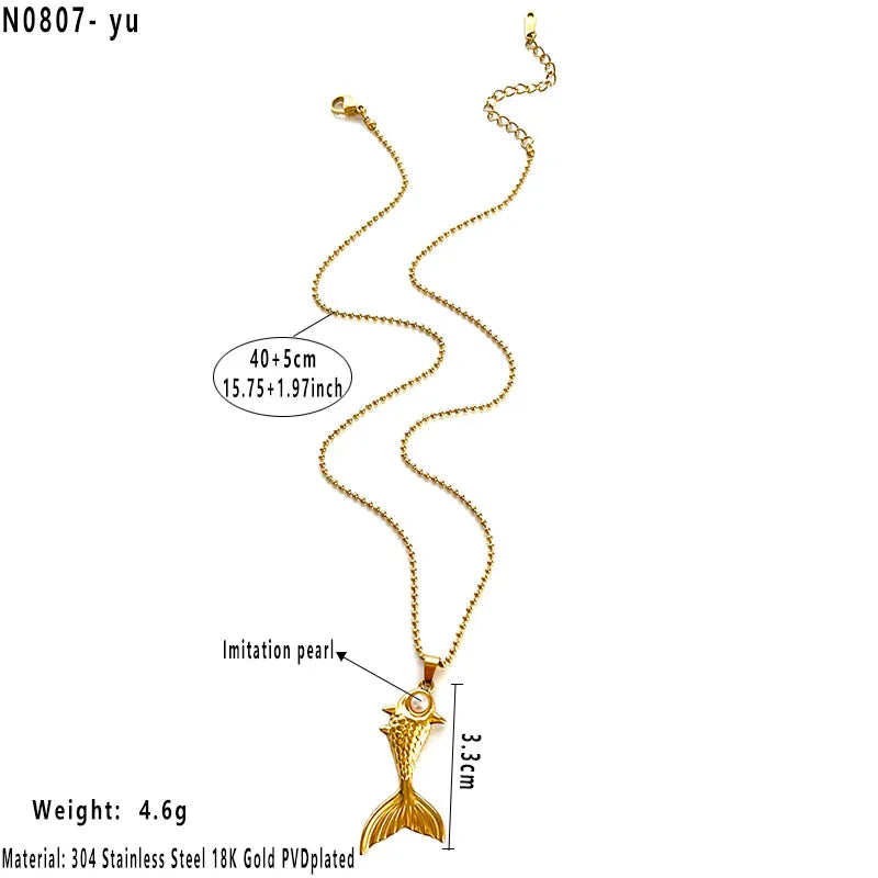 18K Gold Ocean Heart Flower Pendant Necklace Average Size Fish necklace