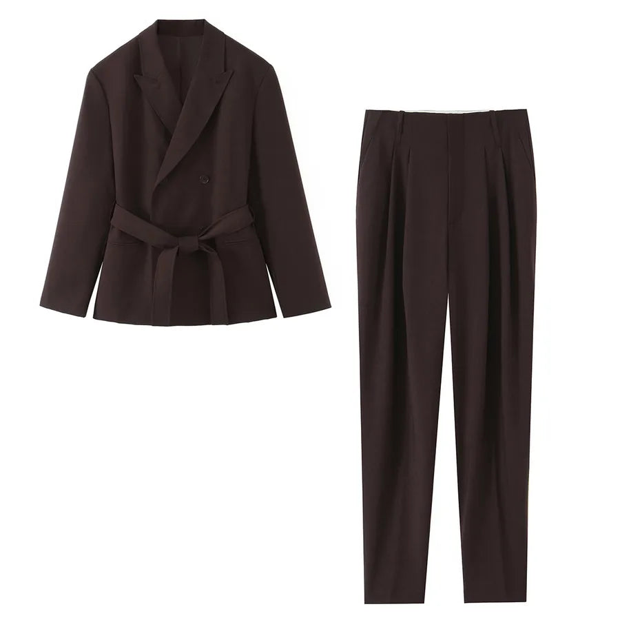 Women's Belted Blazer & Pants Set