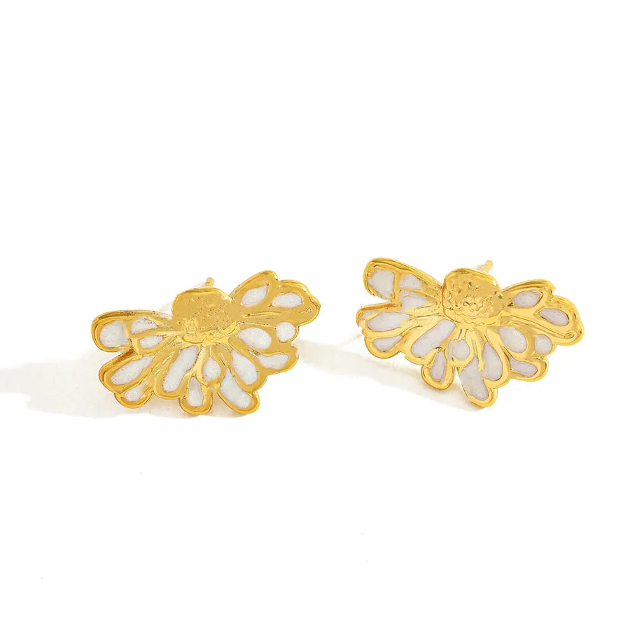 18K Gold Half Flower Stud Earrings for Women 20.62mm*12.44mm-white