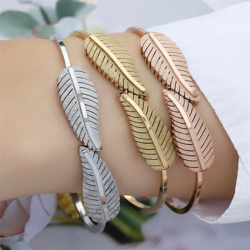 Feather Leaf Open Cuff Bracelet – Stainless Steel