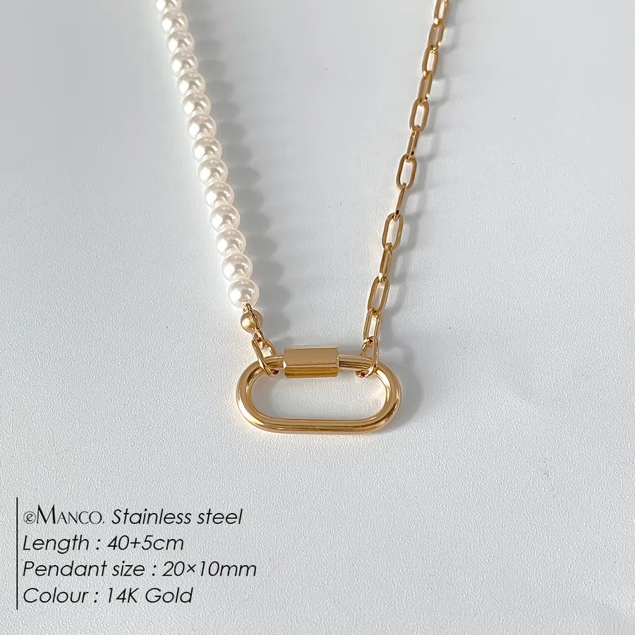 Geometric Pearl Stainless Steel Pendant Necklace XNL0053 Gold