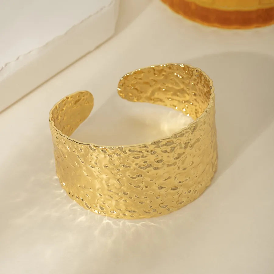 18K Gold Plated Stainless Steel Open Bangle Stainless Steel Electroplated 18k Real Gold Wide Surface Irregular Shape Open Bracelet Style 2