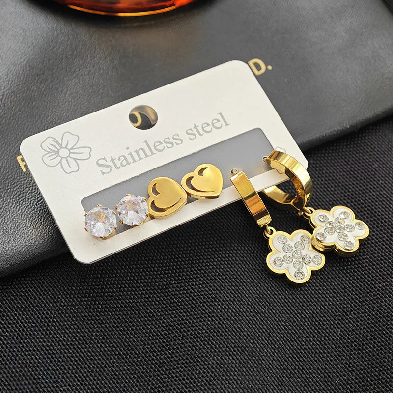 Stainless Steel Heart & Flower Zircon Earrings