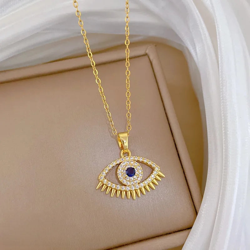 Gold Butterfly & Fish Choker Necklace E518 Titanium Steel Chain Copper Pendant