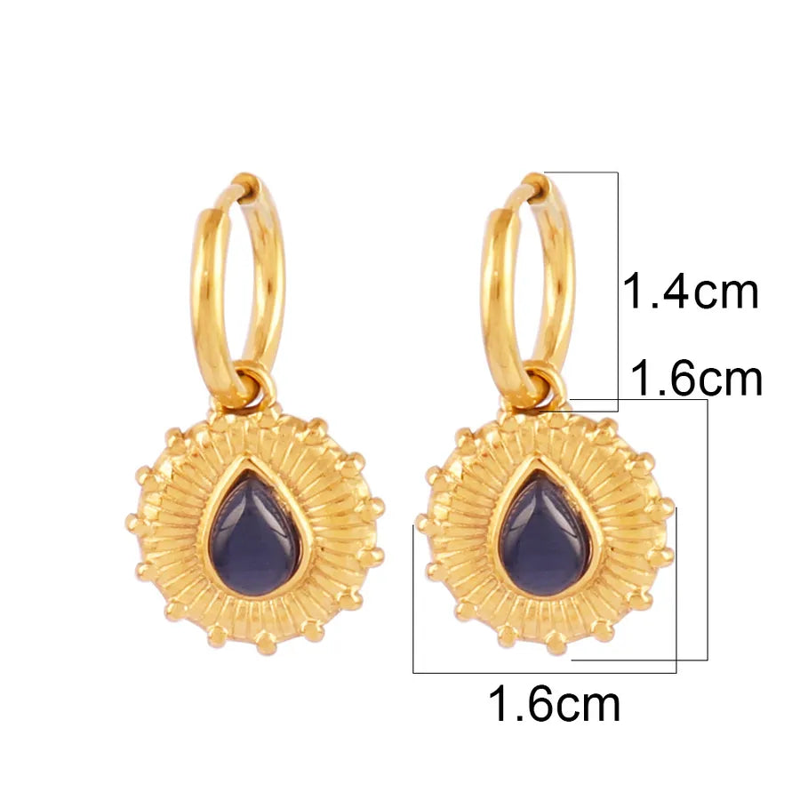 Turquoise Gold-Plated Geometric Hoop Earrings Dark Blue Cat Eye-B0133