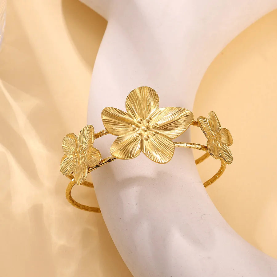 Gold Flower Open Bangle Bracelet for Women