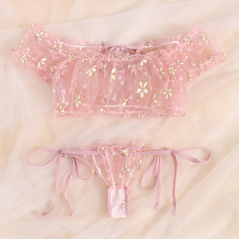 Women's Polka Dot Bow Lingerie Set Pink Five-Leaf Flower