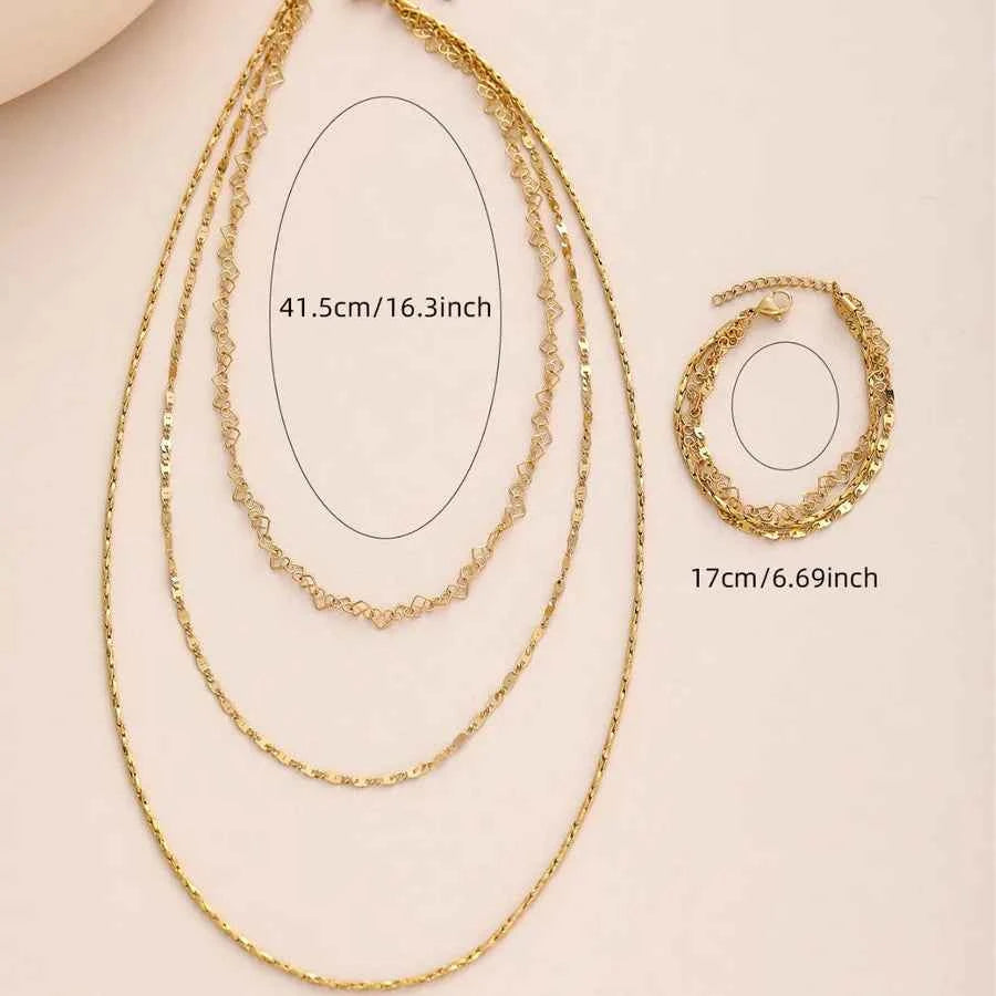 18K Gold Plated Heart Chain Necklace & Bracelet Set