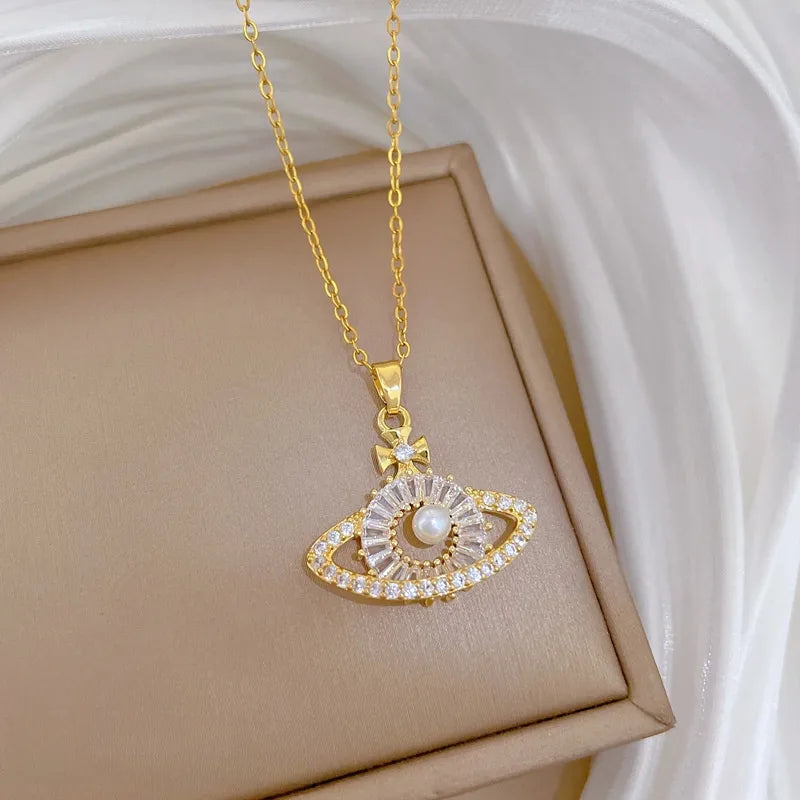 Gold Butterfly & Fish Choker Necklace G116 Titanium Steel Chain Copper Pendant