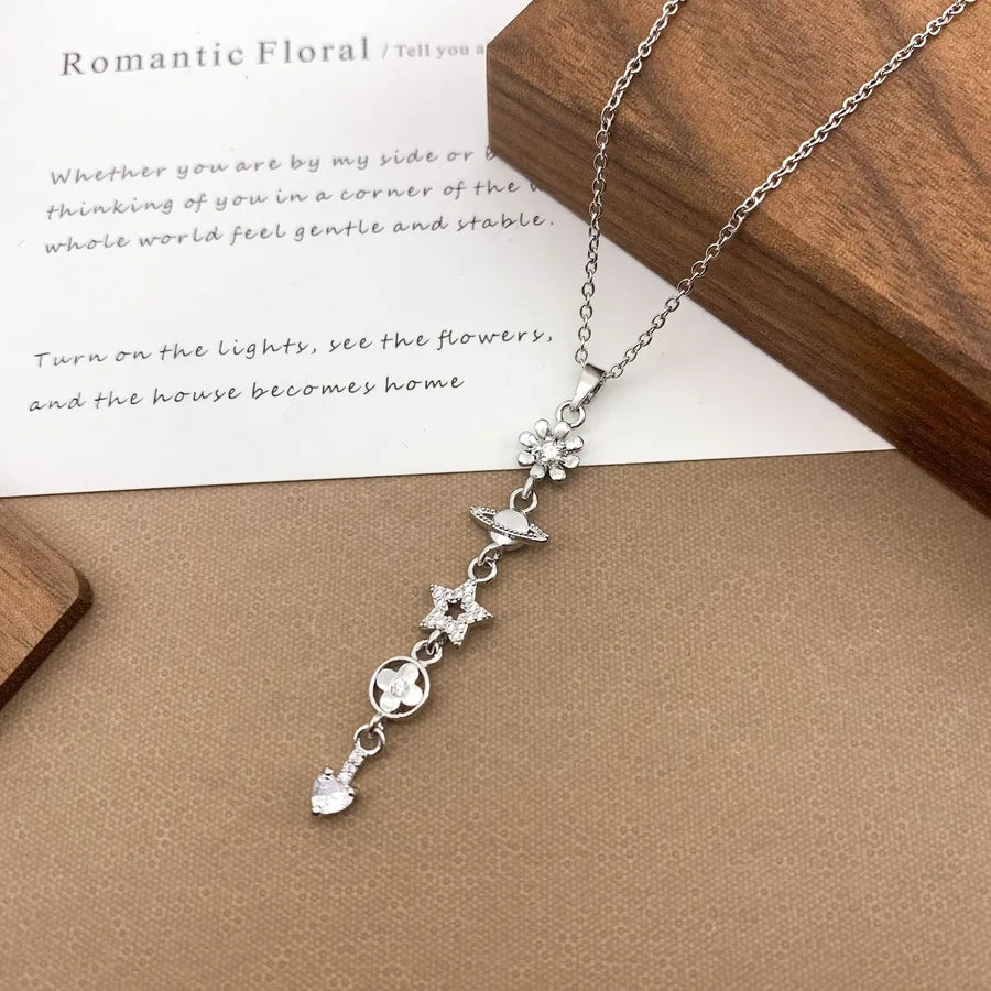 Gold Plated Sun Moon Star Pendant Necklace XL5129 Planet Clover Tassel Necklace Silver