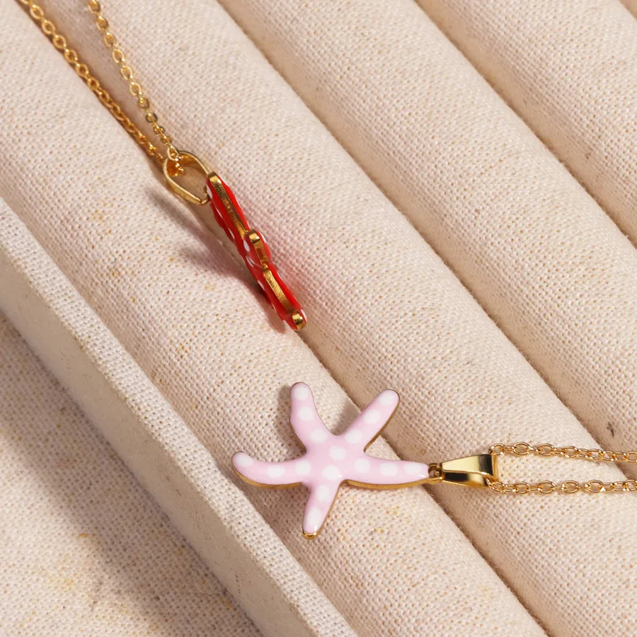 Gold Enamel Starfish Pendant Necklace