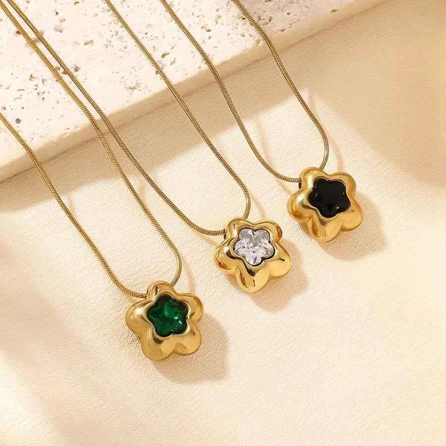 Five-Leaf Zircon Flower Pendant Necklace