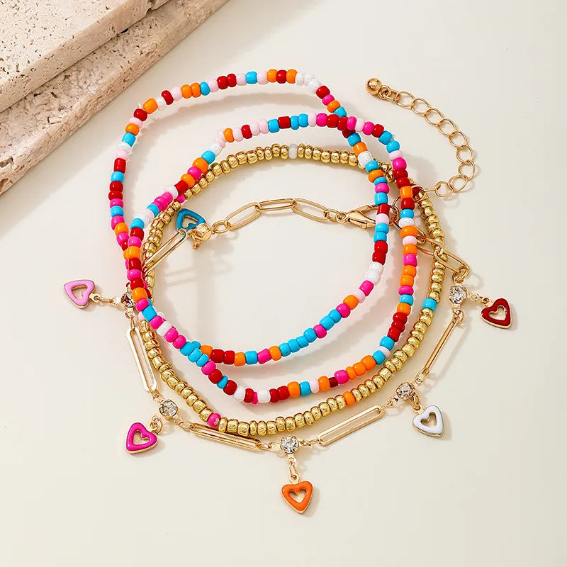 Boho Glass Beaded Heart Tassel Anklet Set
