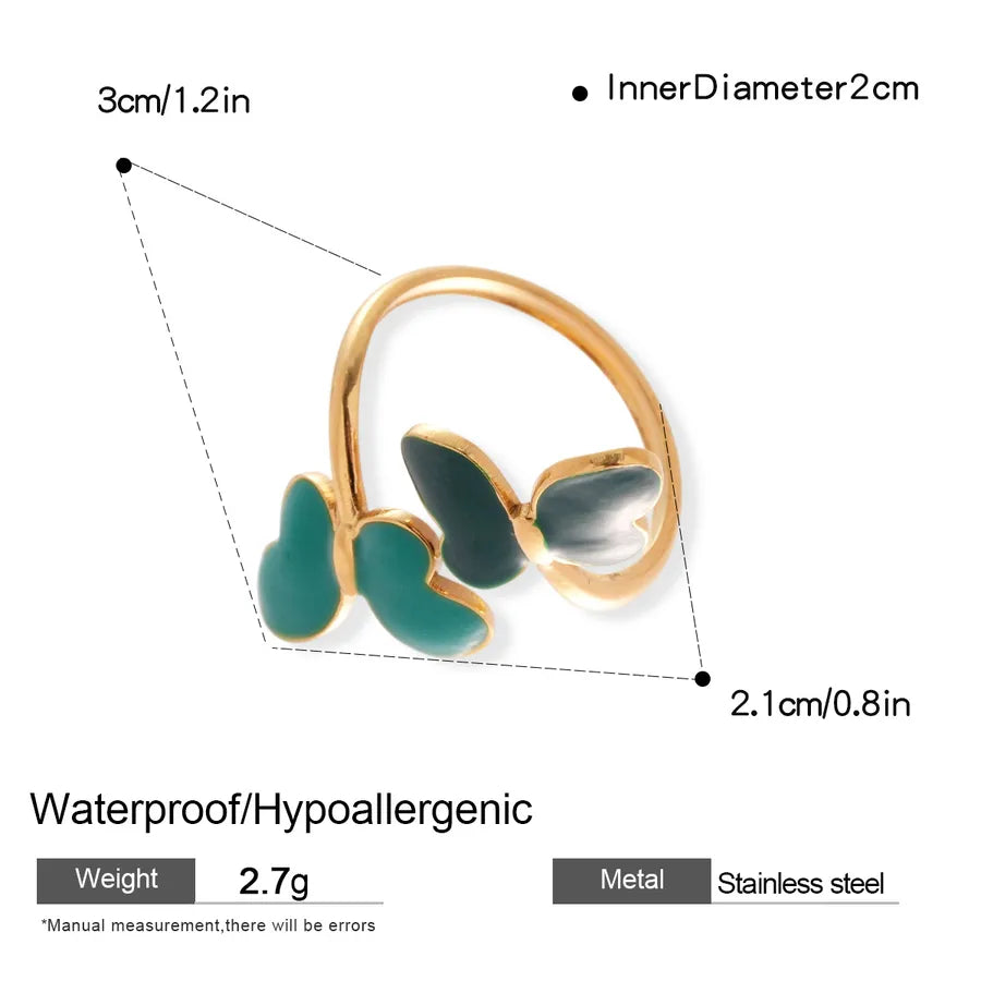 Stainless Steel Butterfly Open Ring 3#Ring - Gold - Green - Dark Green