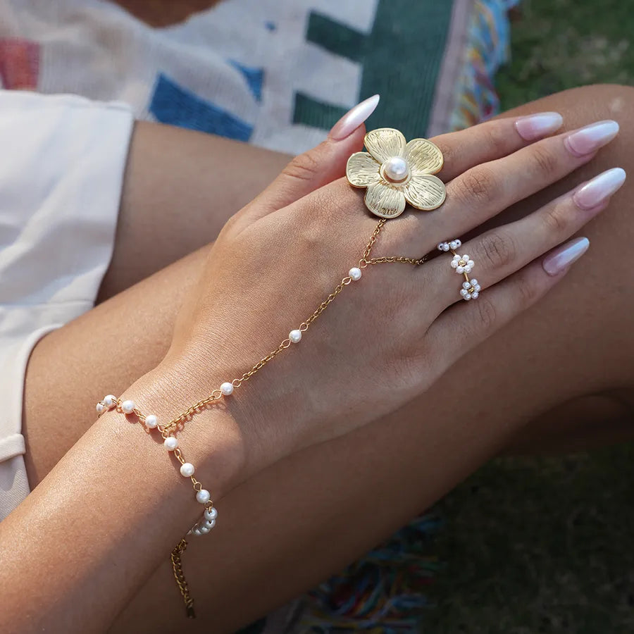 18K Gold Plated Flower Ring with Pearl Inlay