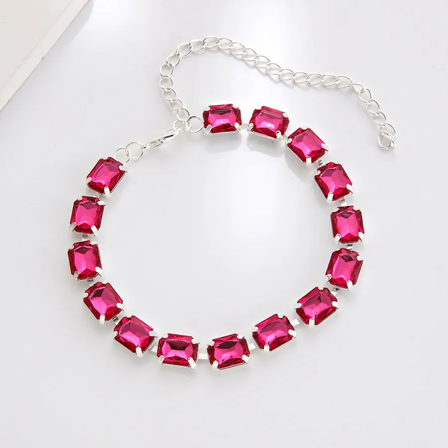 Colorful Geometric Crystal Anklet Bracelet Rose Red Silver