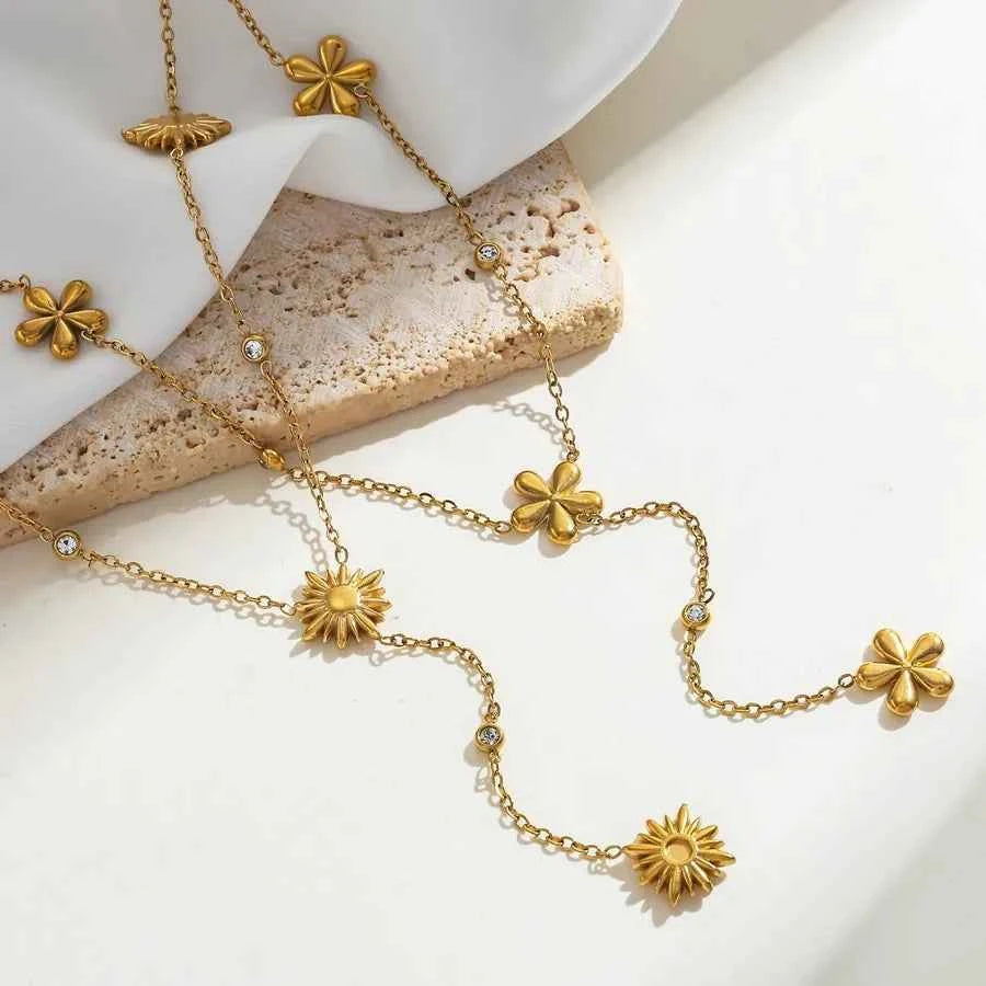 18K Gold Sunflower Zircon Stainless Steel Necklace