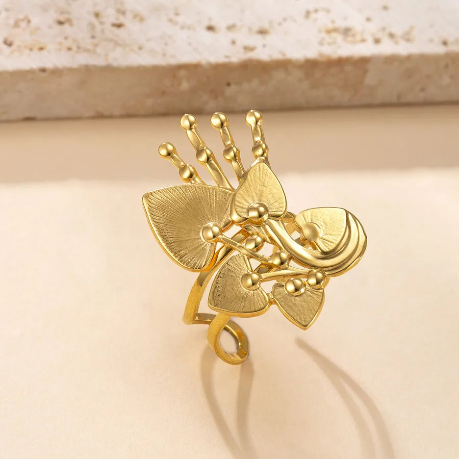 18K Gold Plated Leaf Open Ring for Women