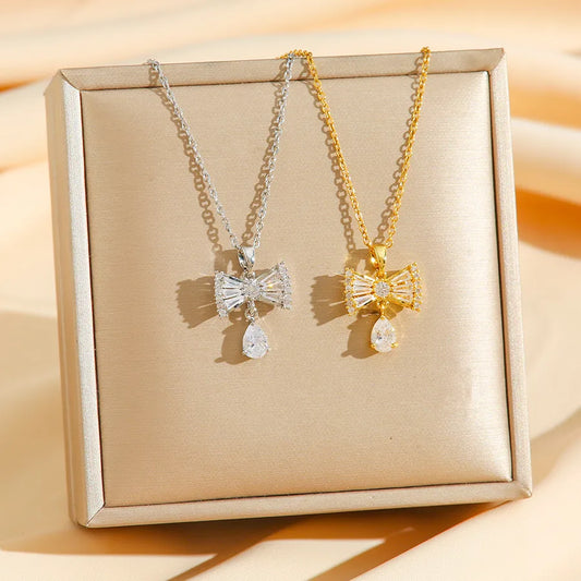 Elegant Zircon Bow Pendant Necklace