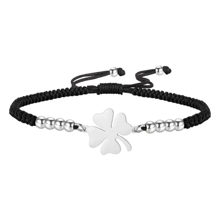 Double Layer Four Leaf Clover Bracelet Steel Color-black Braided Rope