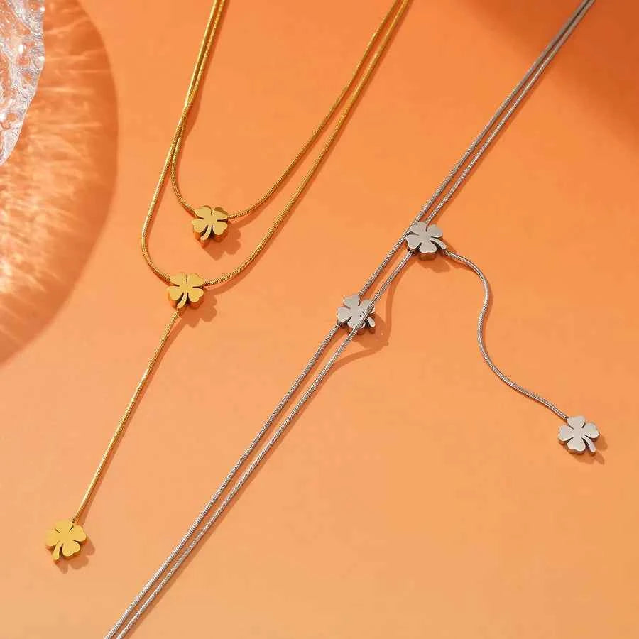 Gold & Silver Four-Leaf Clover Tassel Necklace