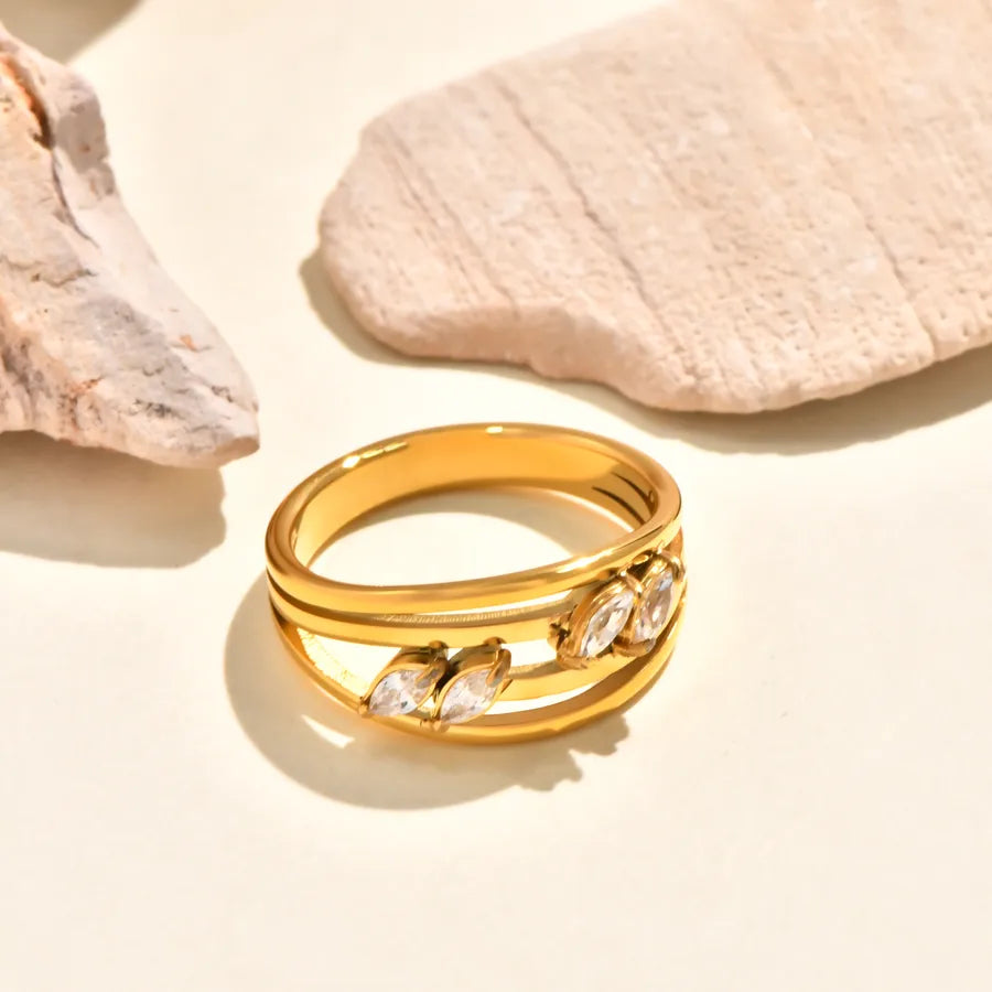 Gold Plated Shell & Zircon Leaf Ring for Women Gold 3