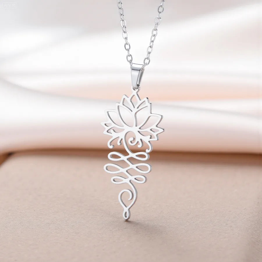 Geometric Lotus Pendant Stainless Steel Necklace