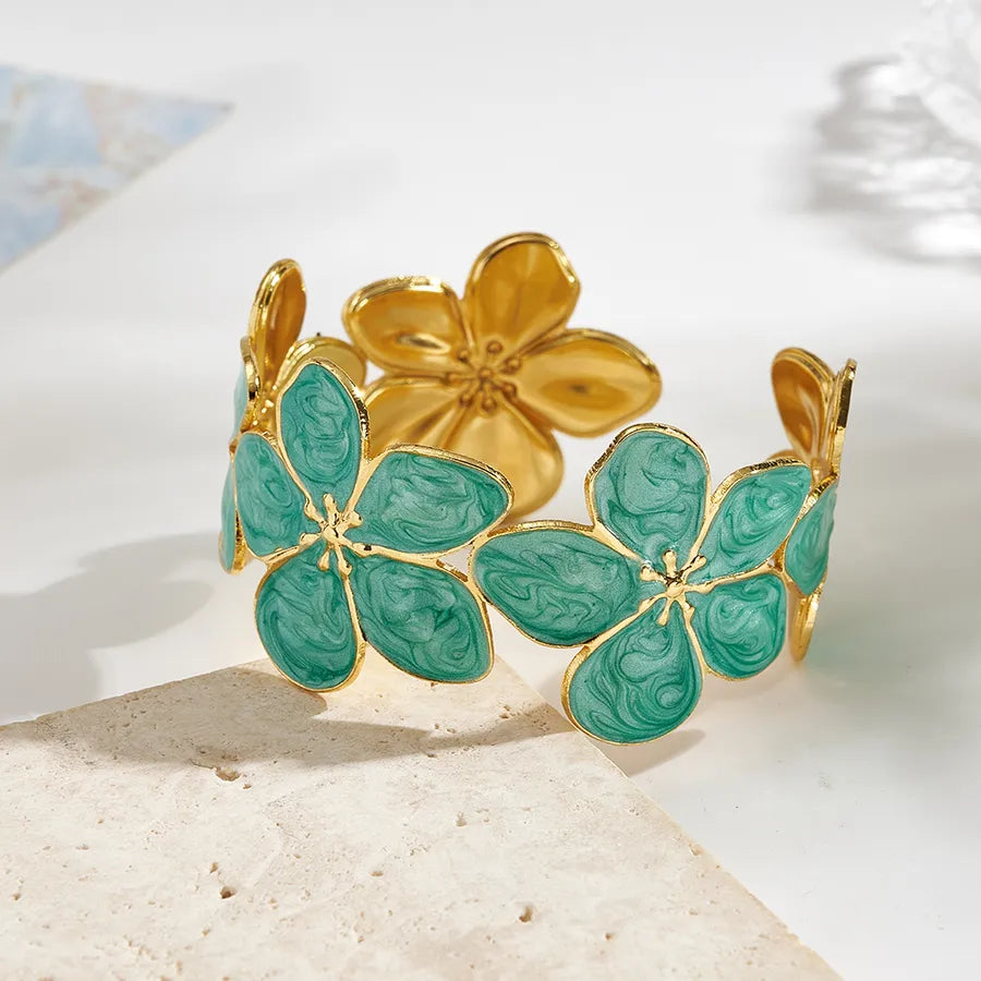 Colorful Flower Open Bangle – 18K Gold Plated C (inner Diameter: About 55mm) 1 Pc Package