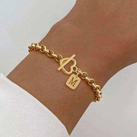 Gold Heart Initial Lock Bracelet for Women