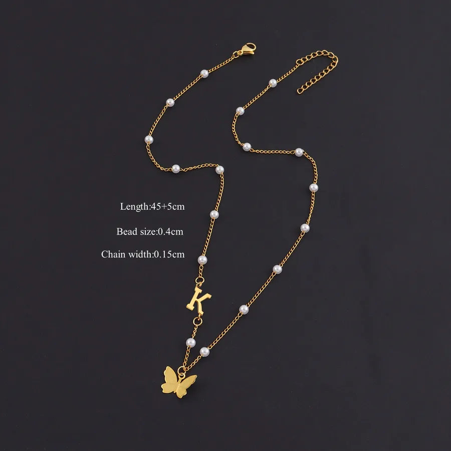 Gold Butterfly Letter Pendant Necklace Gold K