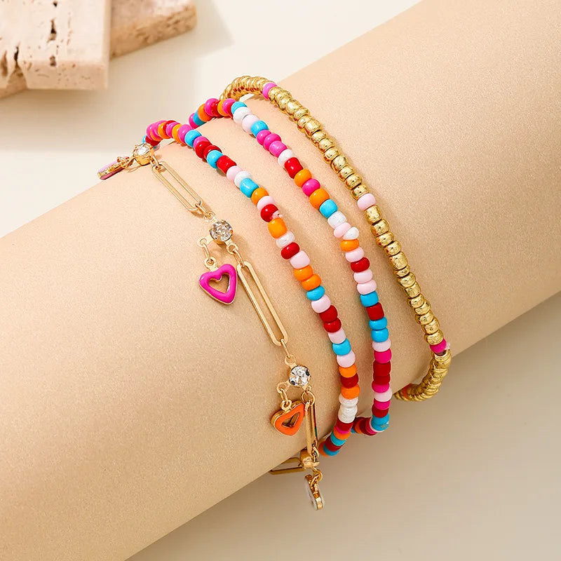 Boho Glass Beaded Heart Tassel Anklet Set