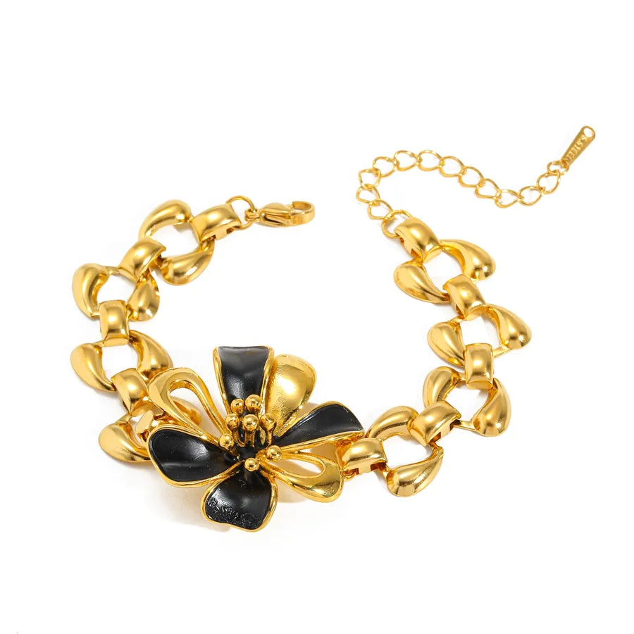 18K Gold Plated Stainless Steel Flower Bracelet 1-Length 17+5CM-Black