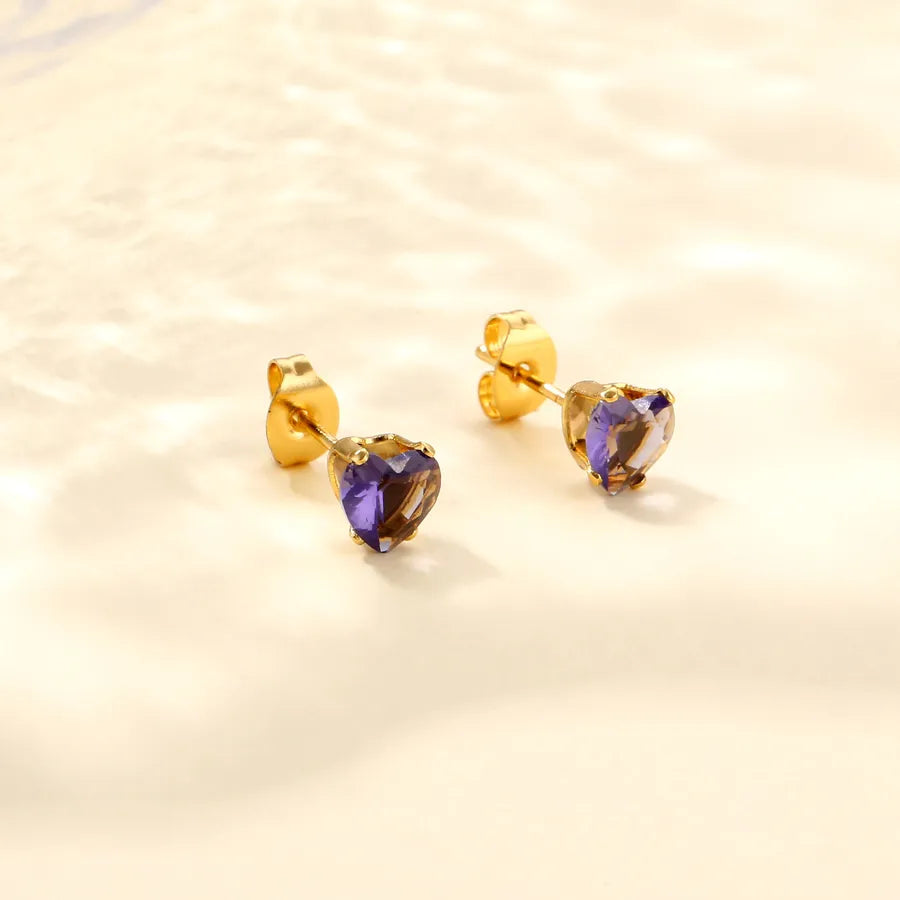Heart-Shaped Zircon Stainless Steel Earrings Purple