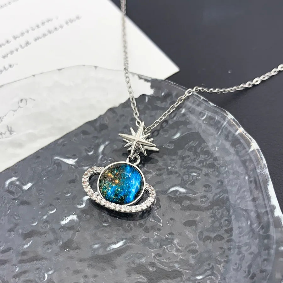 Starry Sky Planet Zircon Pendant Necklace XL1571 Eight-Pointed Star Planet Silver