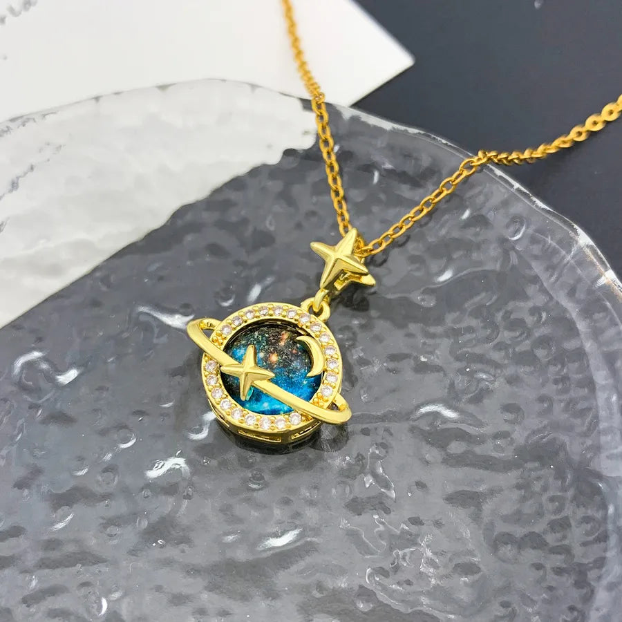Starry Sky Planet Zircon Pendant Necklace XL12 Moon Planet Necklace Gold