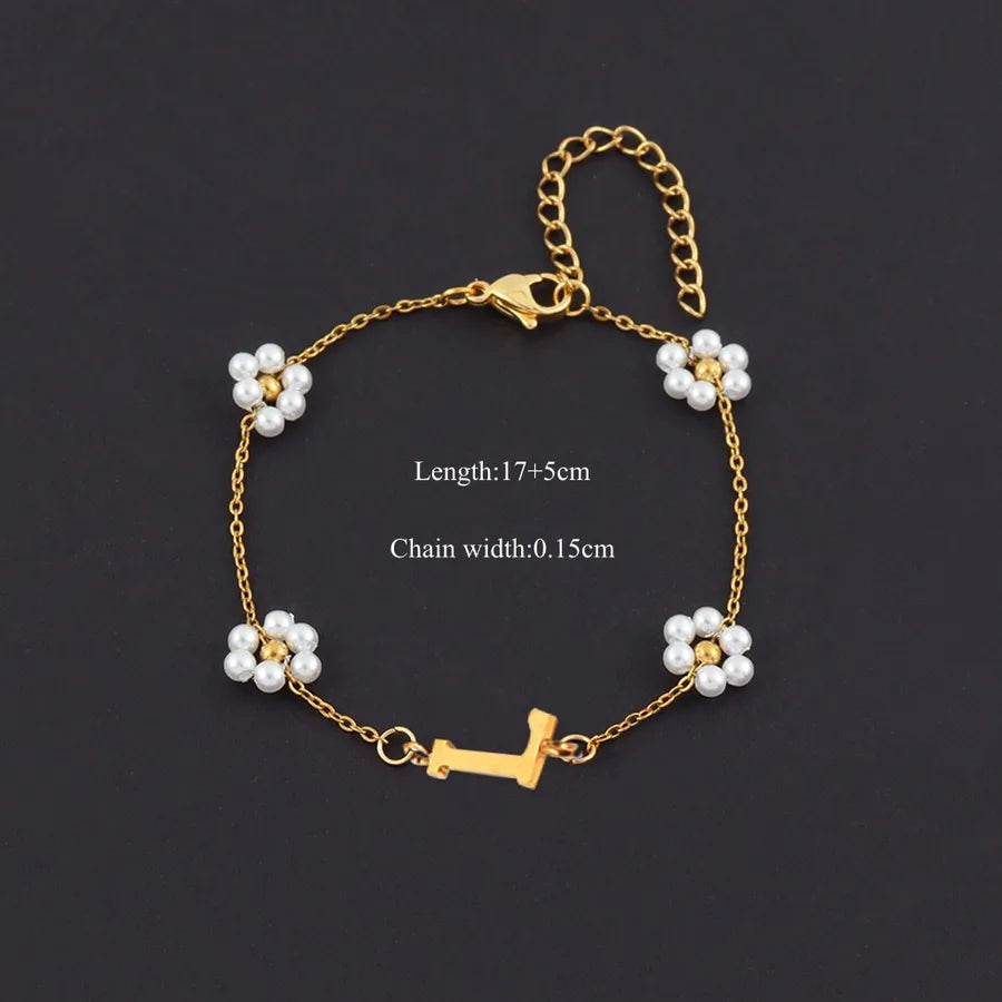 Gold Initial Pearl Bracelet – Vintage 18K Plated Gold L