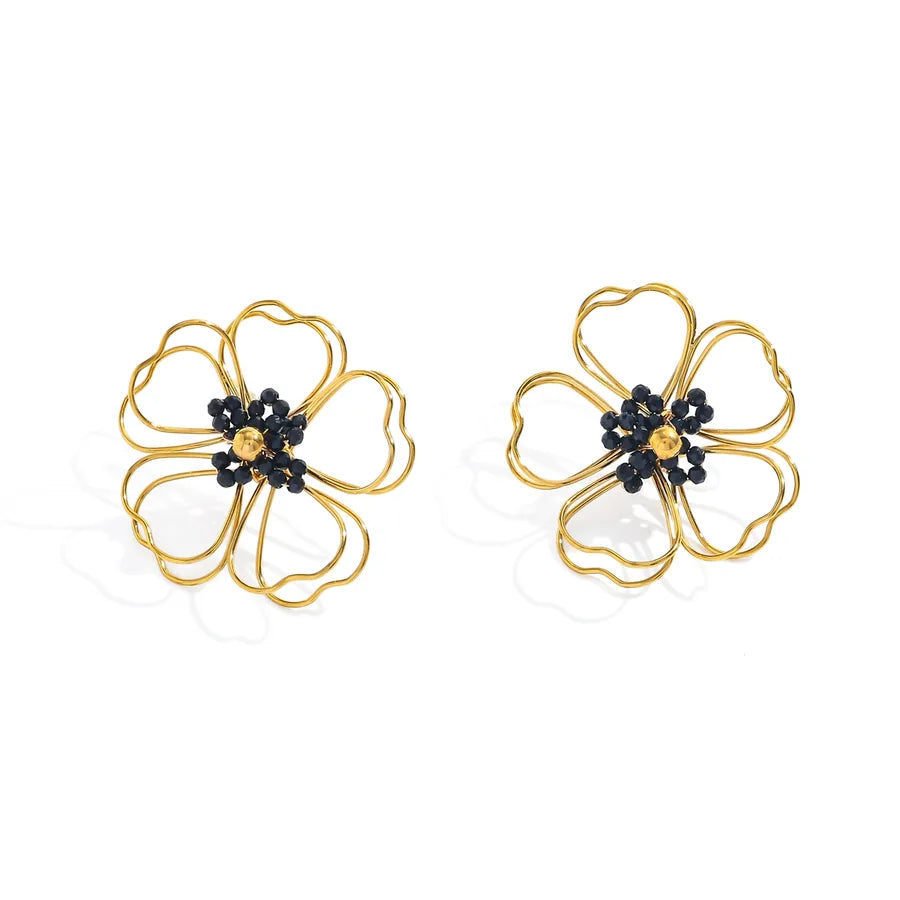 18K Gold Plated Hollow Flower Stud Earrings 3-33.08mm*30.28mm-black