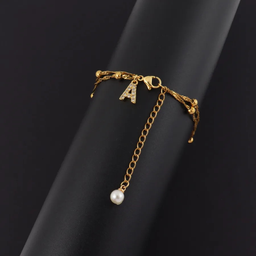 Gold Plated Letter Anklet with Pearl & Zircon