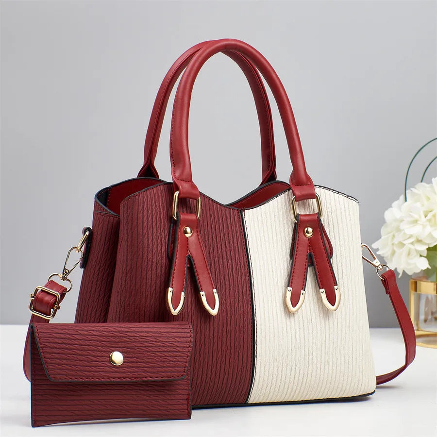 Color Block PU Shoulder Bag for Women Red with White