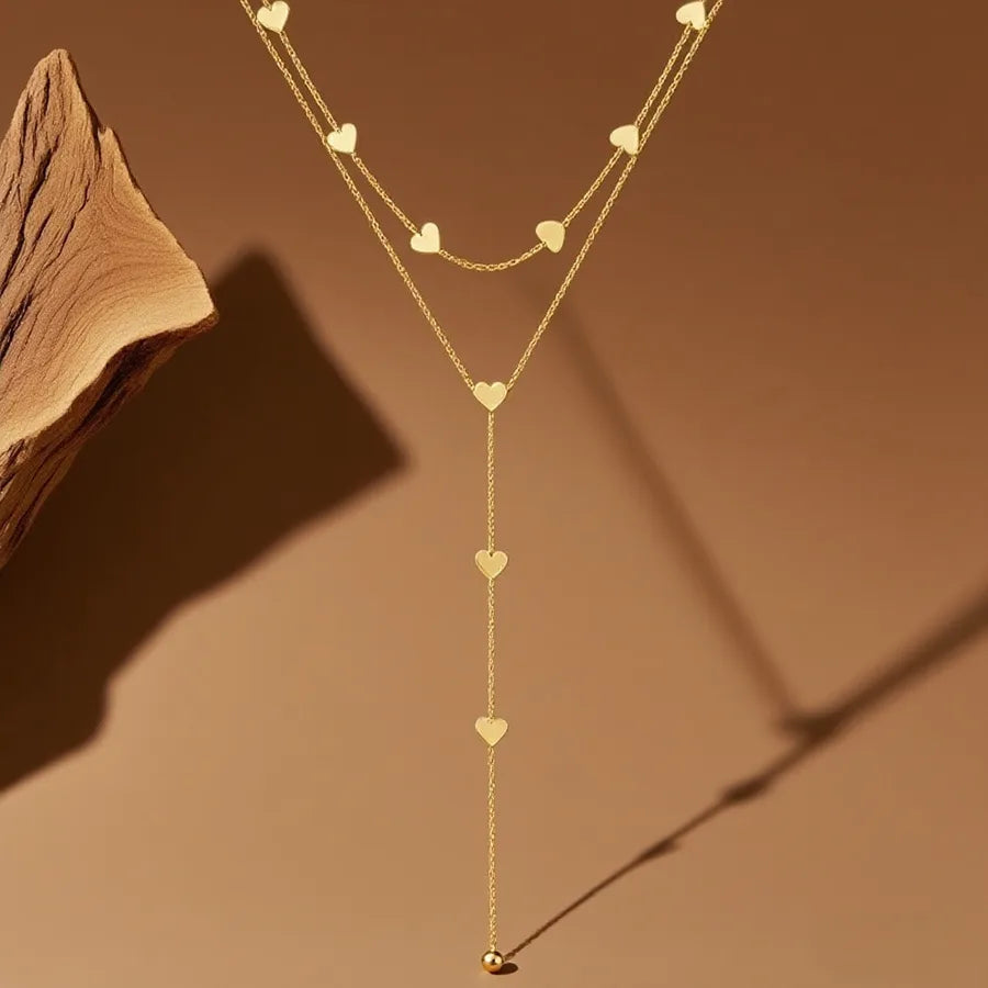 Double Layer Titanium Steel Heart Necklace X01079-Double Layer Heart Tassel Necklace- Gold