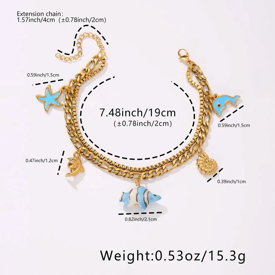18K Gold Dolphin & Fish Charm Bracelet